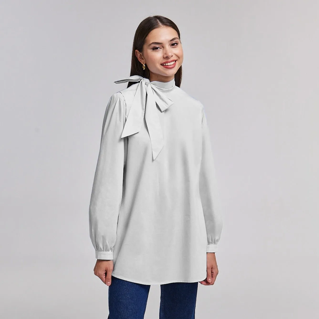 Long Sleeve Tunic Top With Tie Neck
