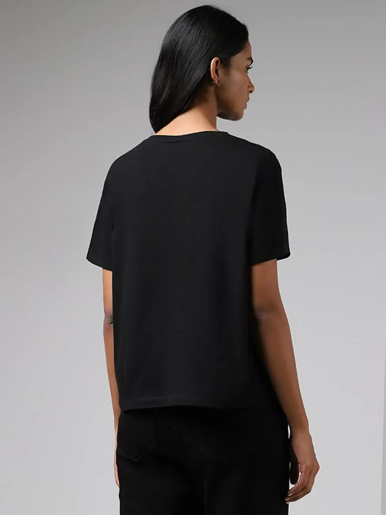 LOV Black Sequin Embellished Cotton T-Shirt