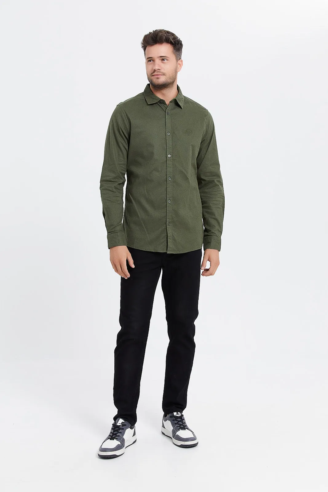 Men Olive Stretch Dobby Shirt