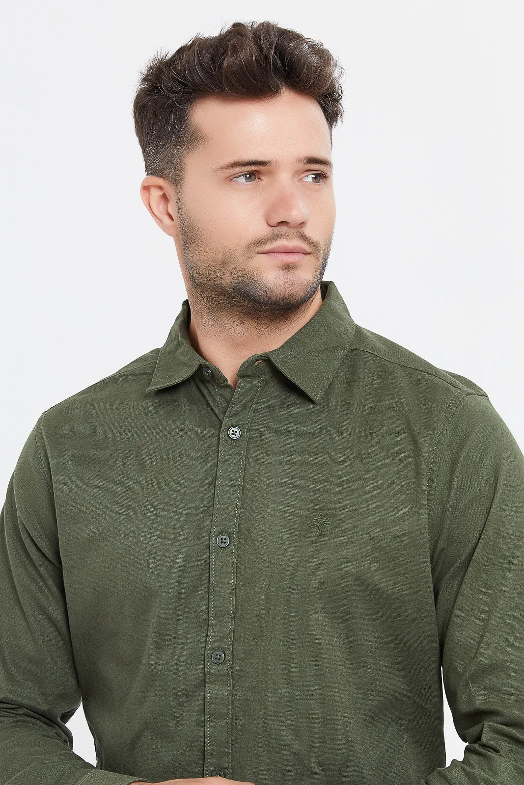 Men Olive Stretch Dobby Shirt
