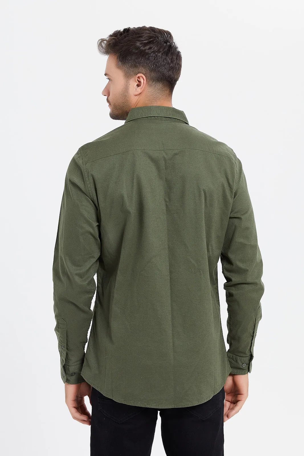 Men Olive Stretch Dobby Shirt