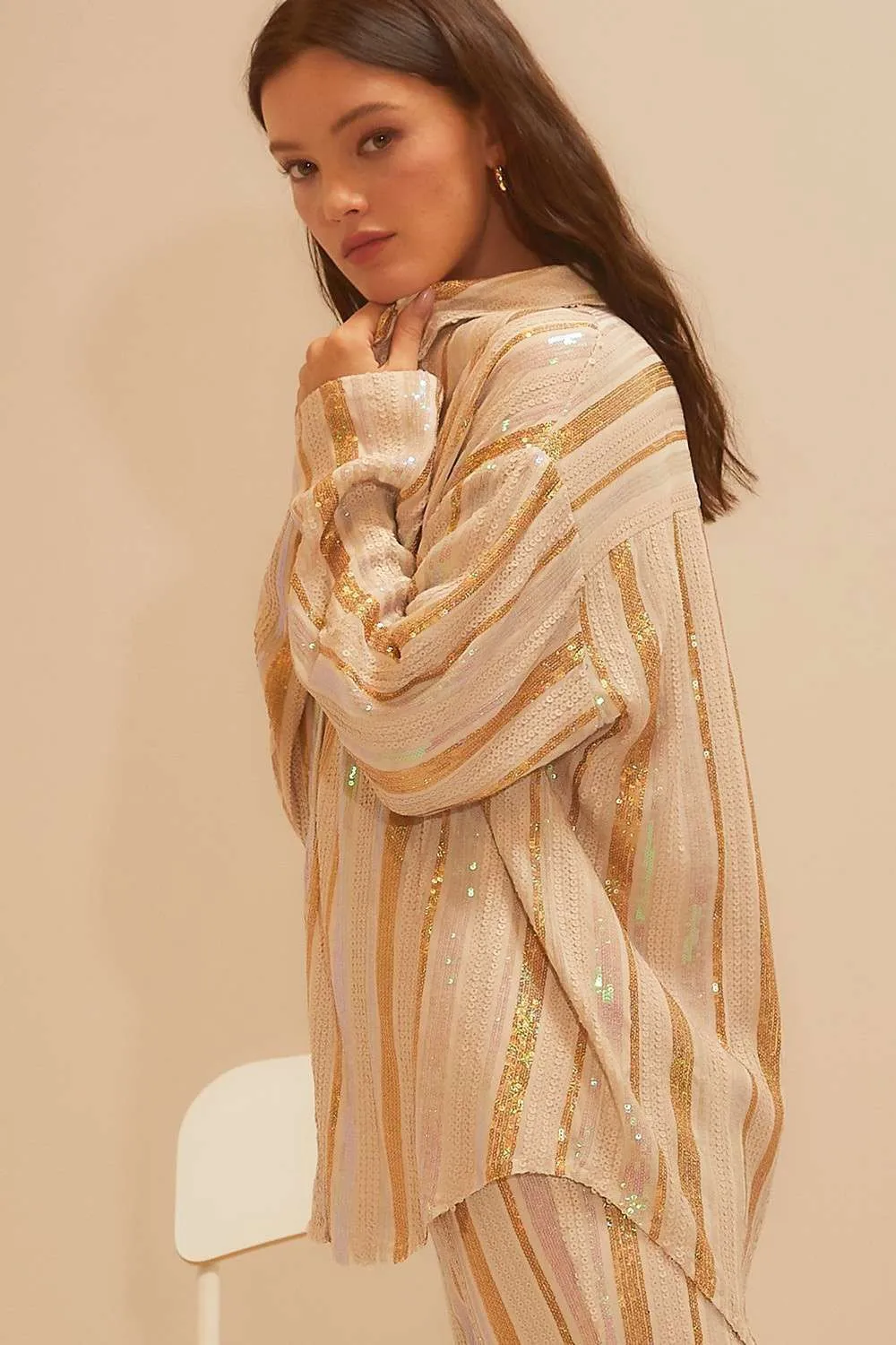 Neutral Stripe Sequin Formal Top