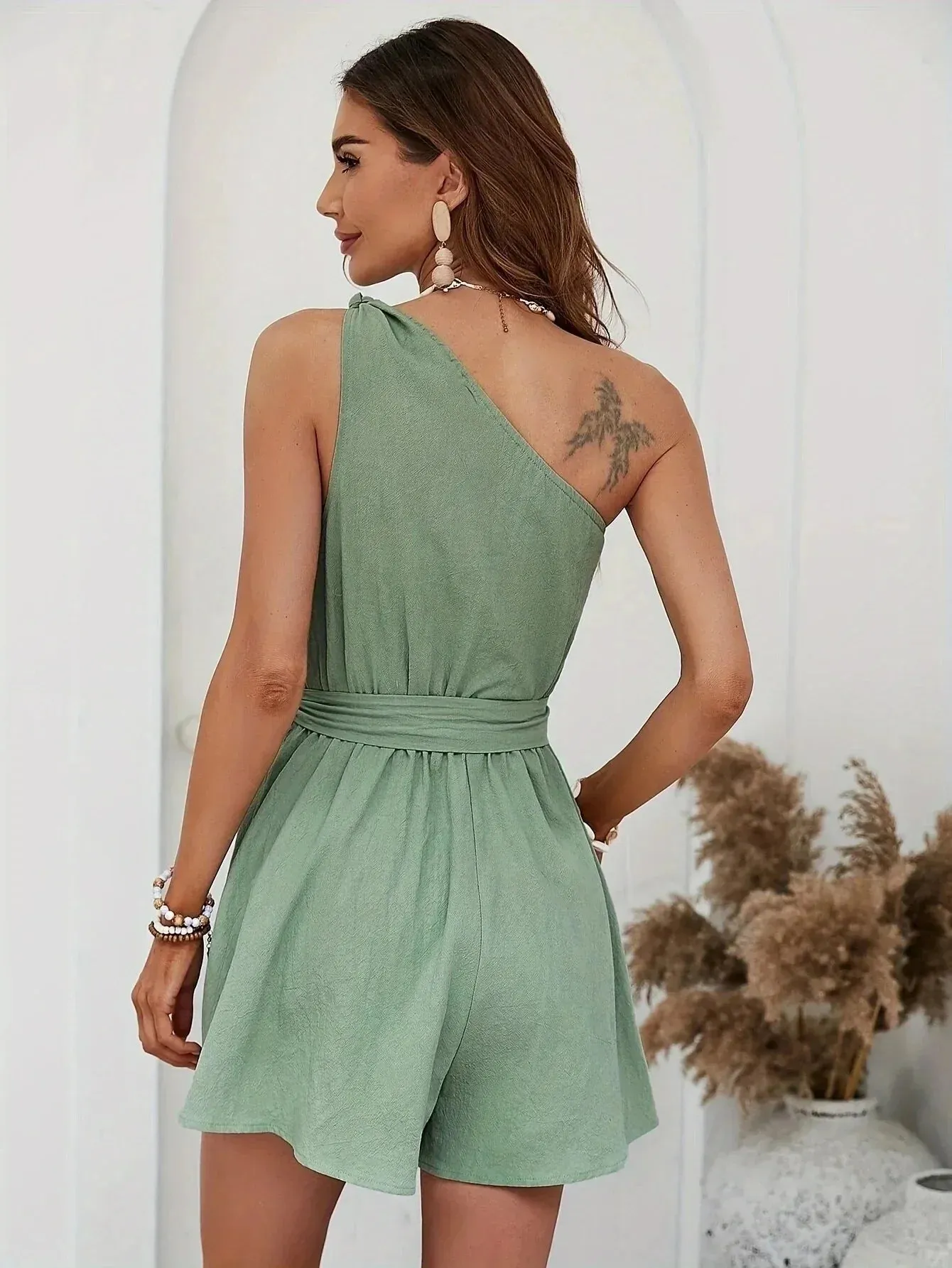 One-Shoulder Wide-Leg Romper - Belted Wide-Leg Playsuit
