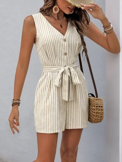 Perfee Striped V-Neck Tie Waist Romper