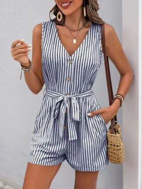 Perfee Striped V-Neck Tie Waist Romper