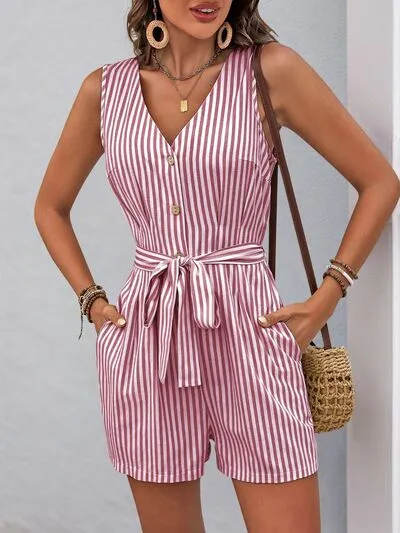 Perfee Striped V-Neck Tie Waist Romper