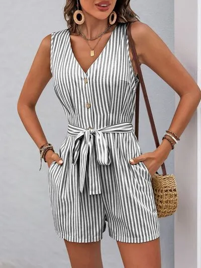 Perfee Striped V-Neck Tie Waist Romper