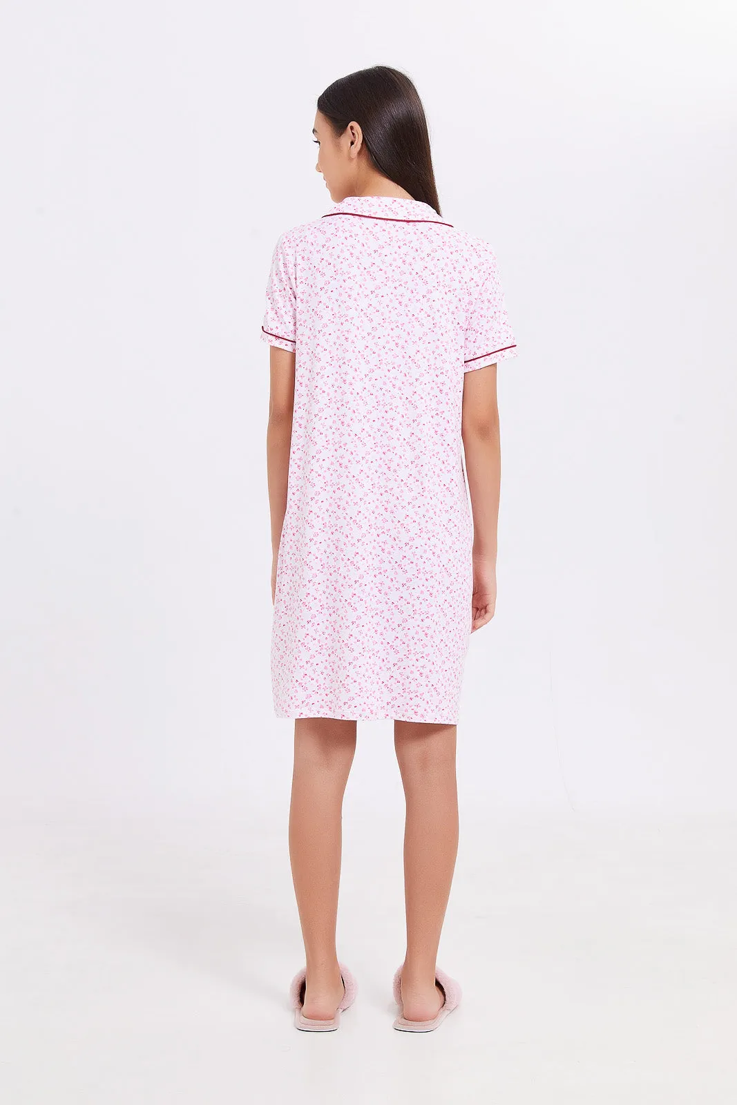 Pink Ditsy Print Front Placket Night Shirt