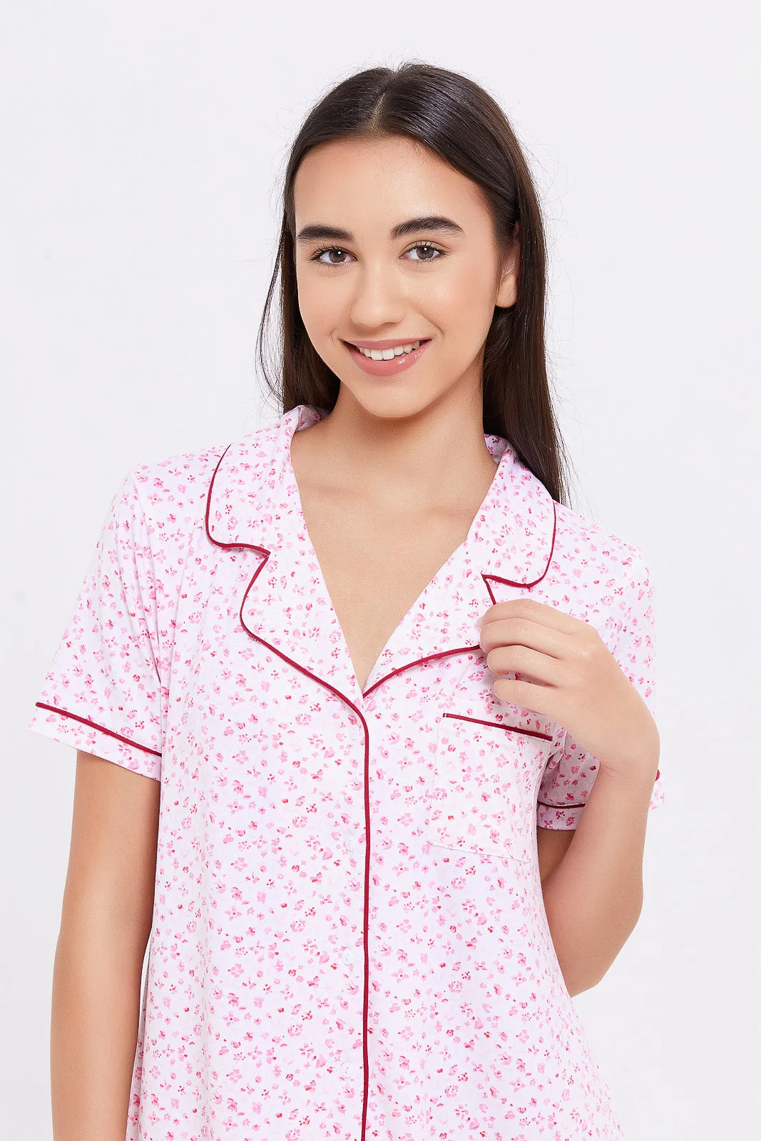 Pink Ditsy Print Front Placket Night Shirt