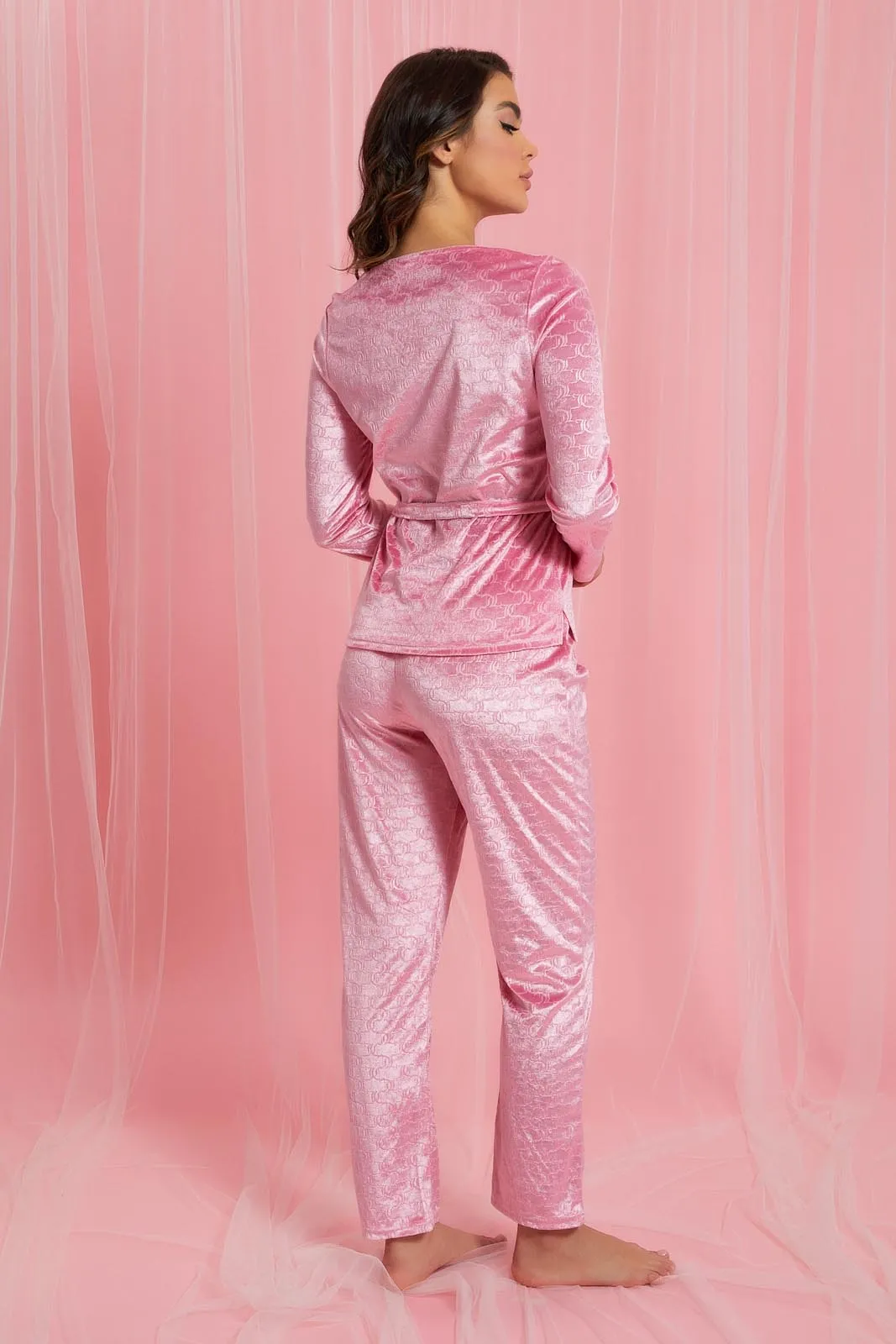 Pink Plain Velvet Pyjama Set (2 Piece)