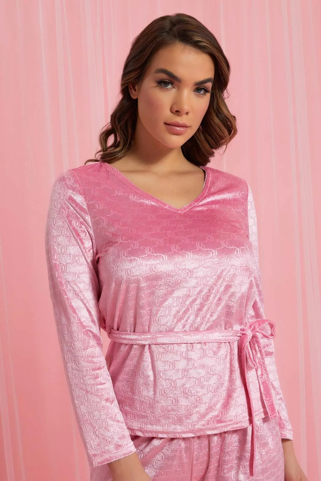 Pink Plain Velvet Pyjama Set (2 Piece)