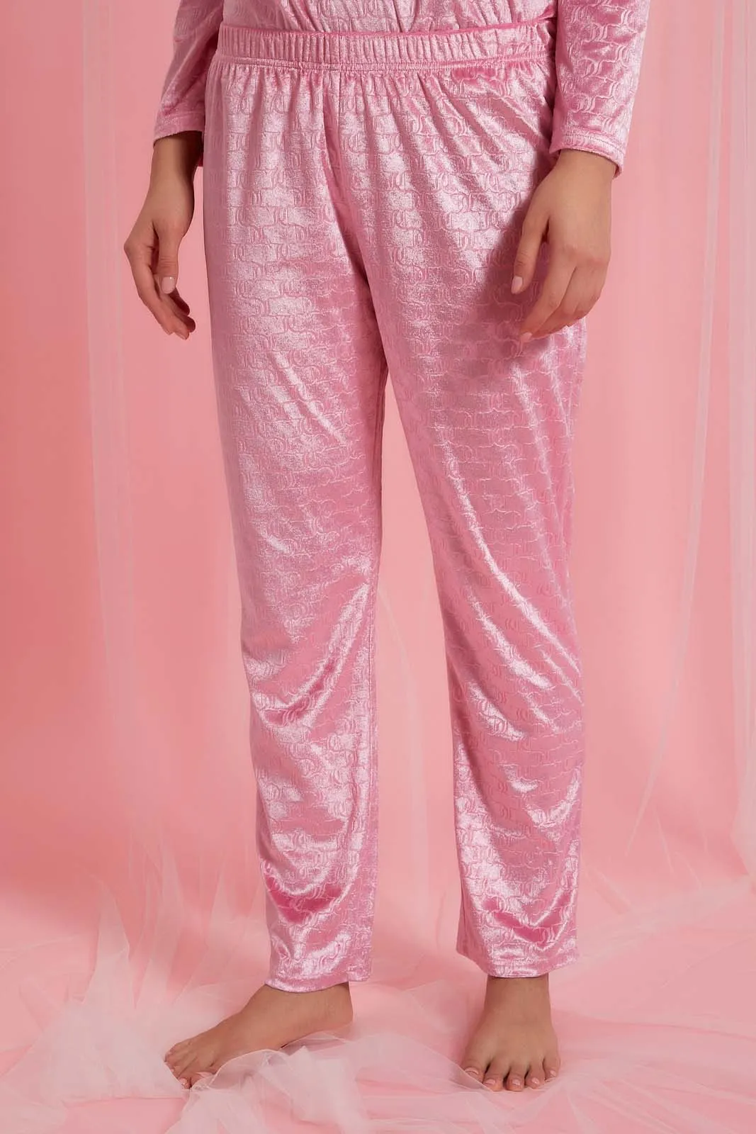 Pink Plain Velvet Pyjama Set (2 Piece)