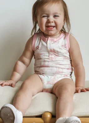 Pink Toile Bamboo Henley Onesie with Snaps