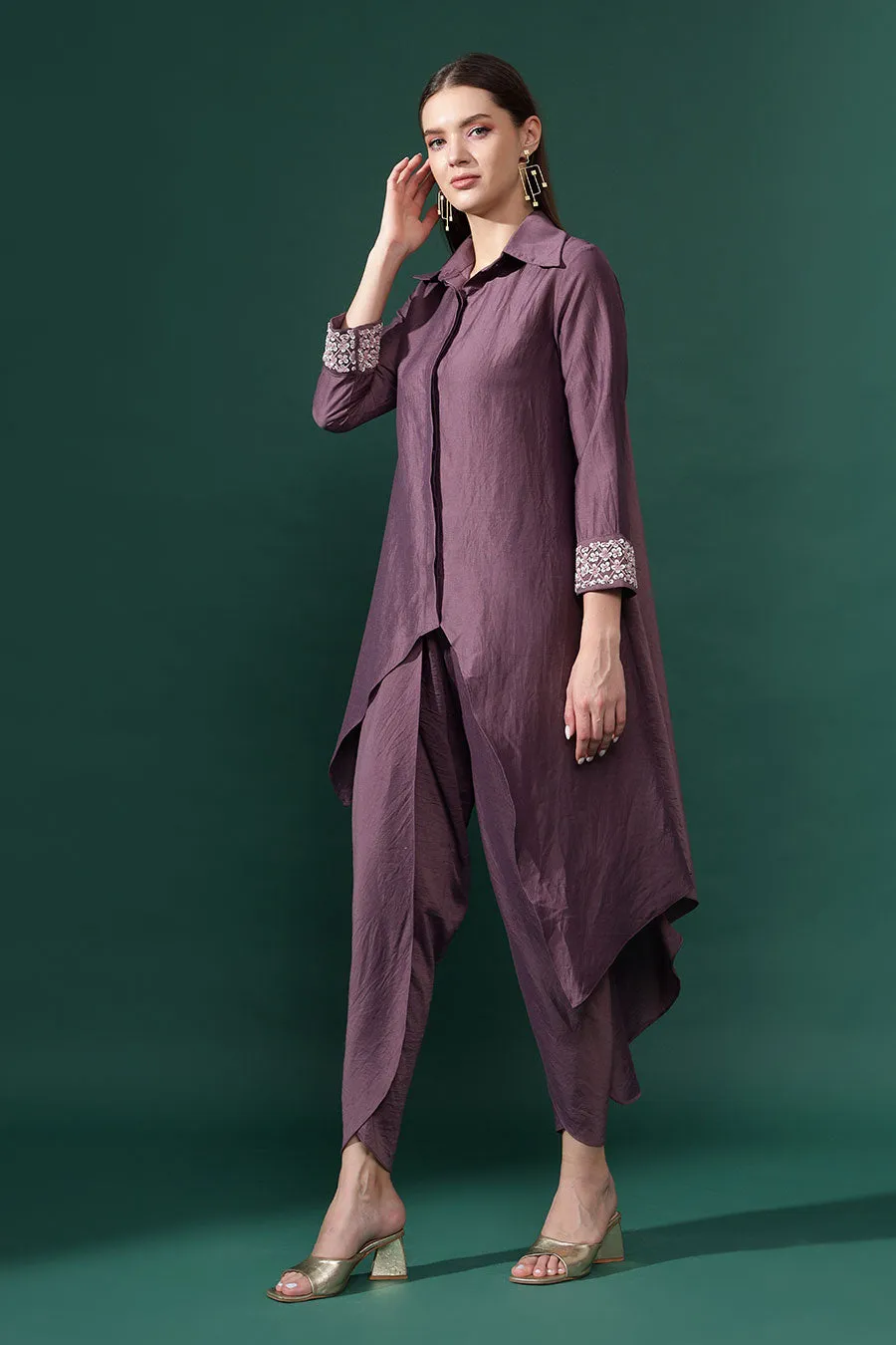 Purple Cotton Silk Tunic & Drape Pant Co-Ord Set