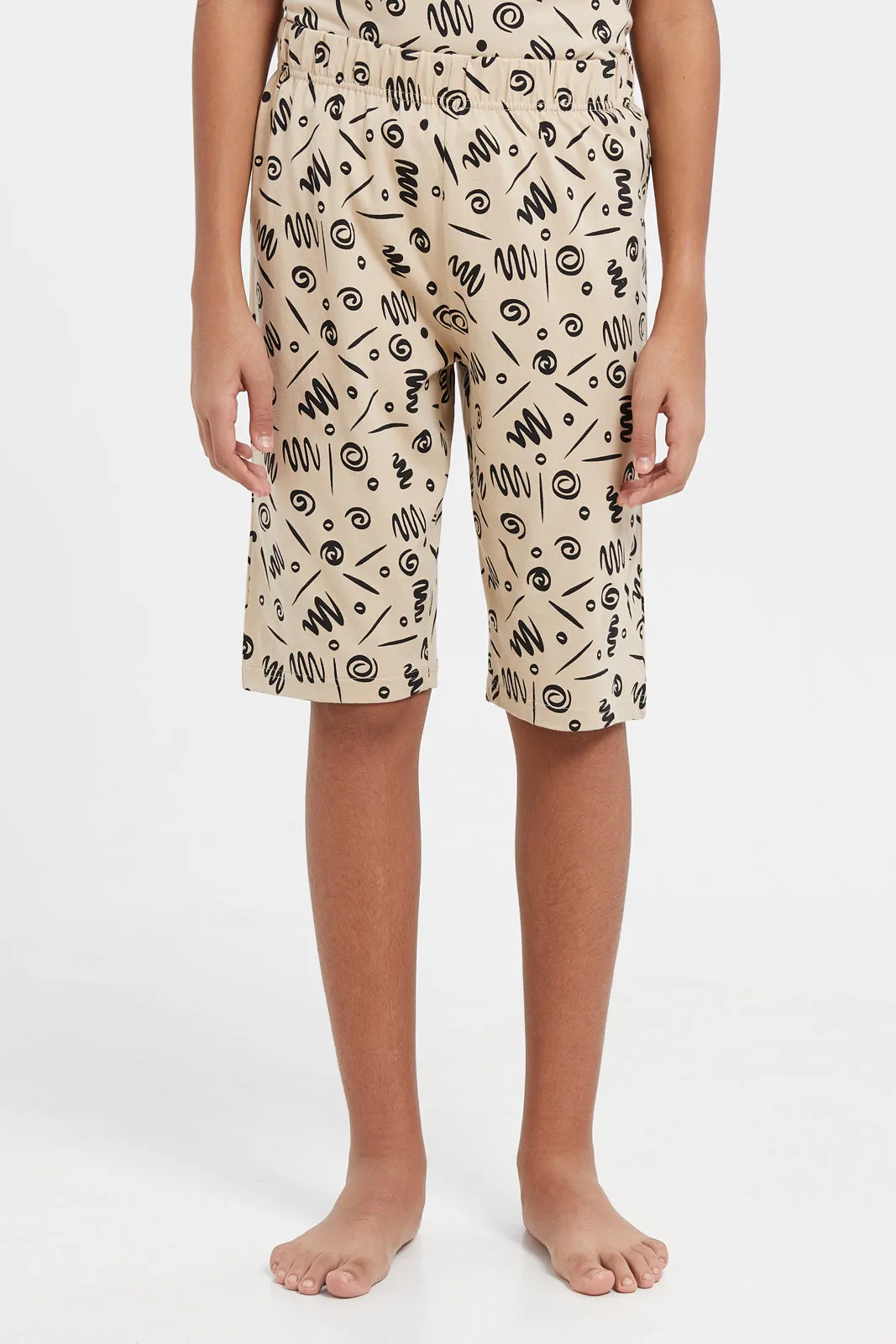 Senior Boys Beige Printed Pyjama Set (2 Piece)
