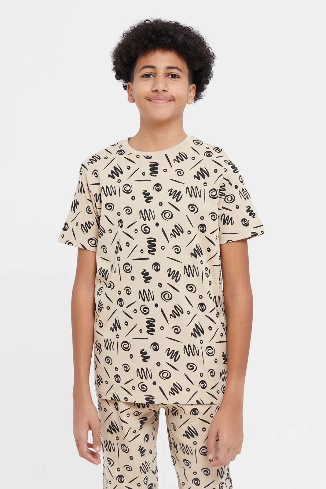 Senior Boys Beige Printed Pyjama Set (2 Piece)
