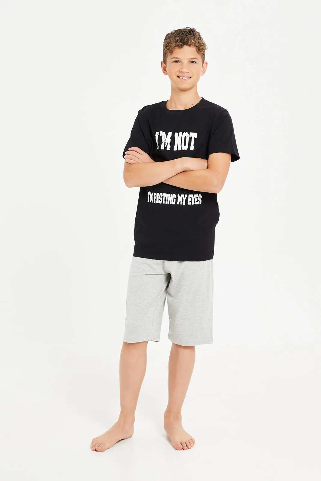Senior Boys Black And Grey Printed Pyjama Set (2 Piece)