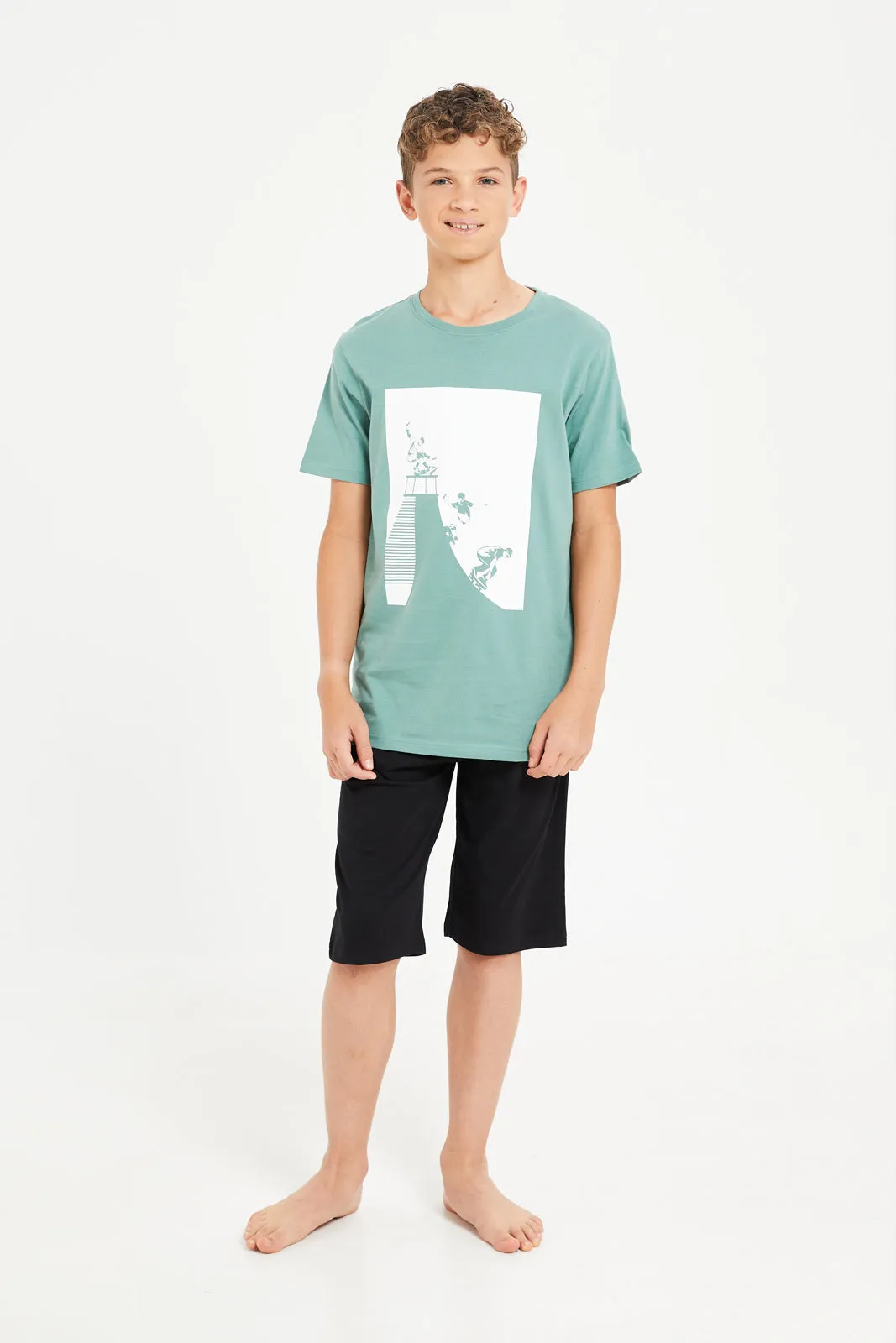 Senior Boys Mint And Black Printed Pyjama Set (2 Piece)