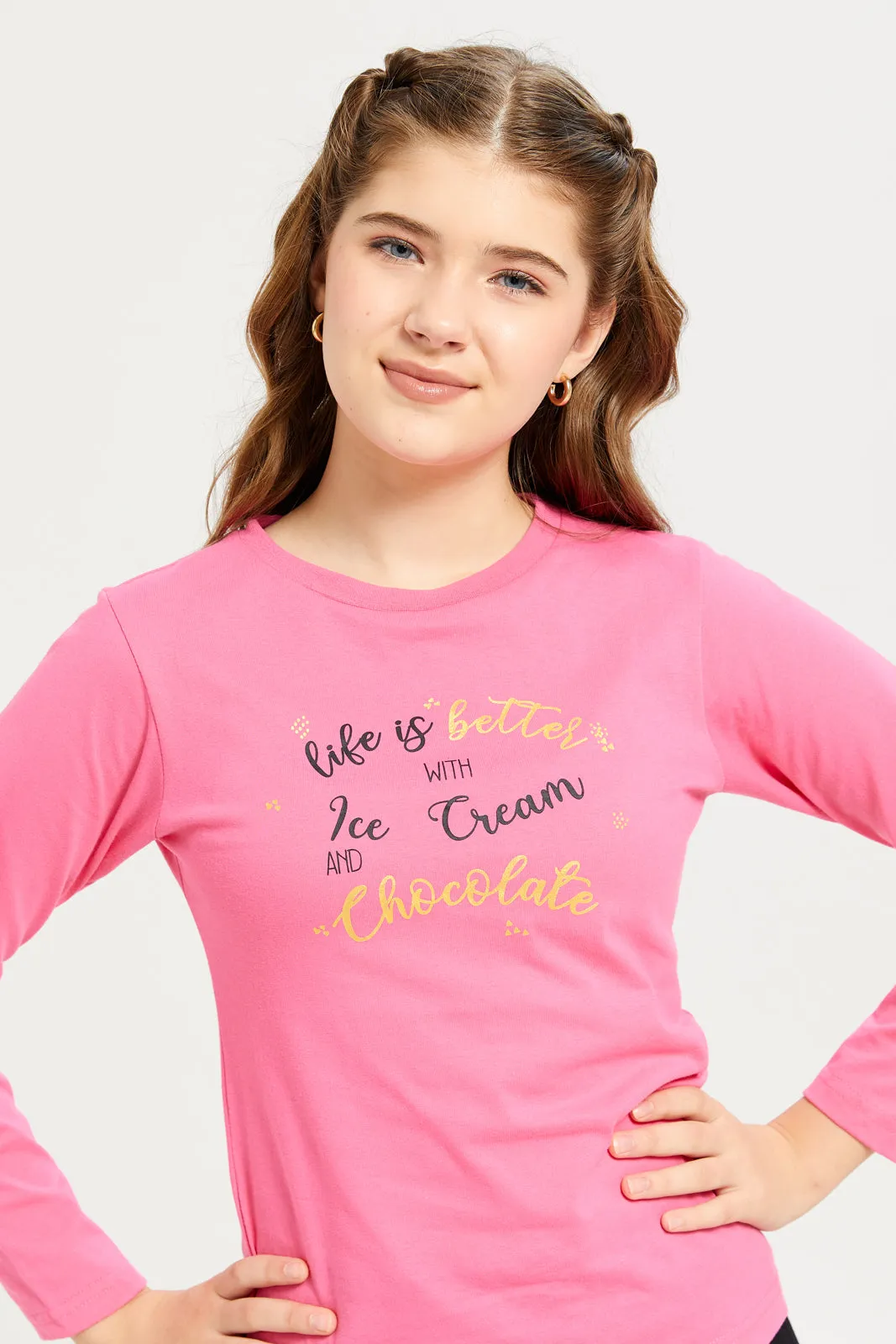 Senior Girls Pink Ice Cream Print T-Shirt