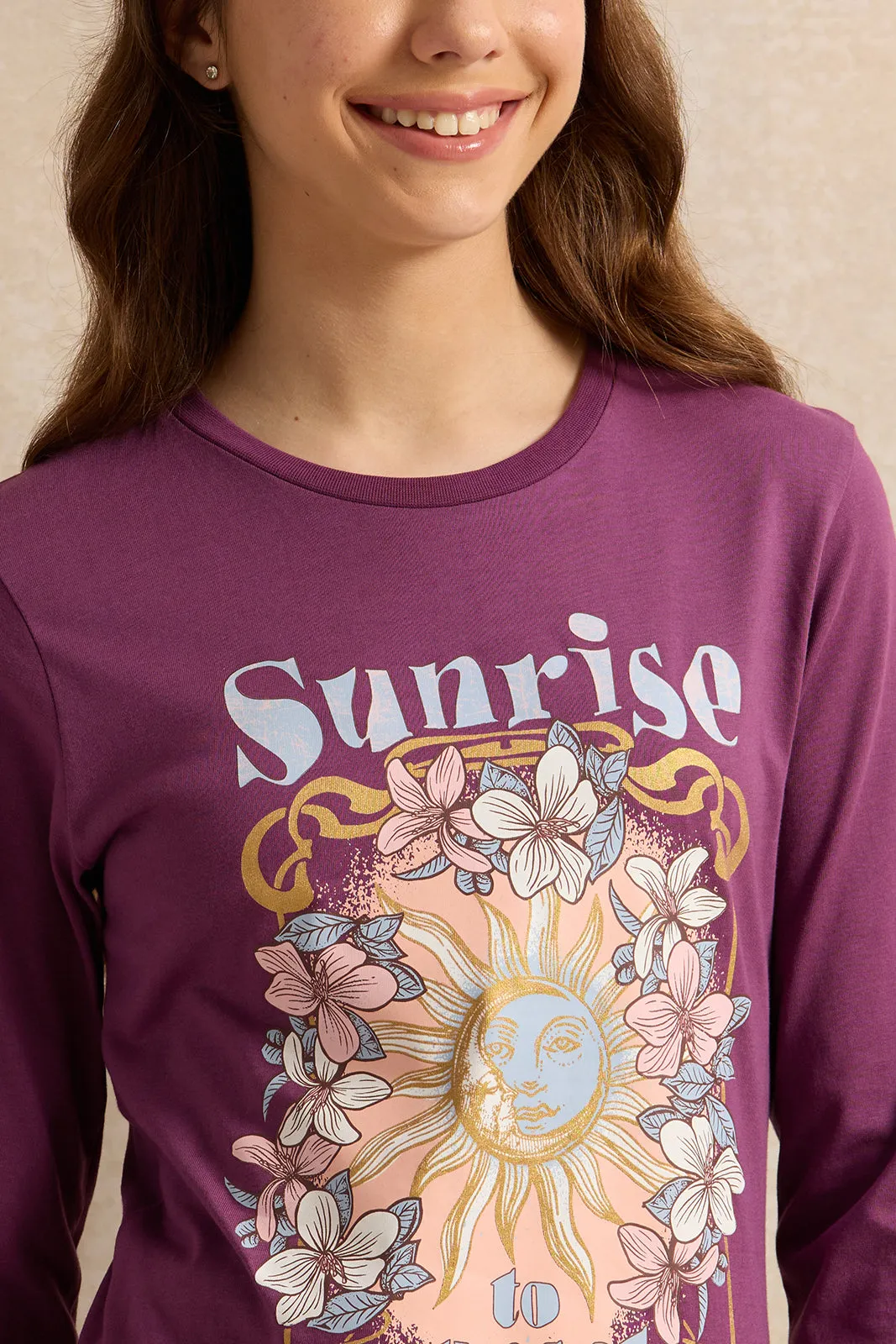 Senior Girls Purple Floral Print T-Shirt