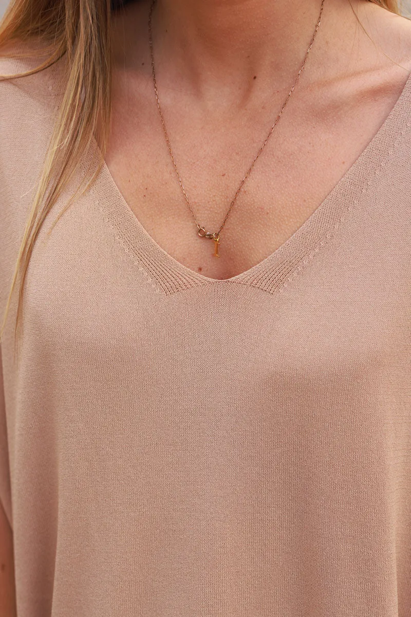 Top stretch et large camel petite maille manches courtes