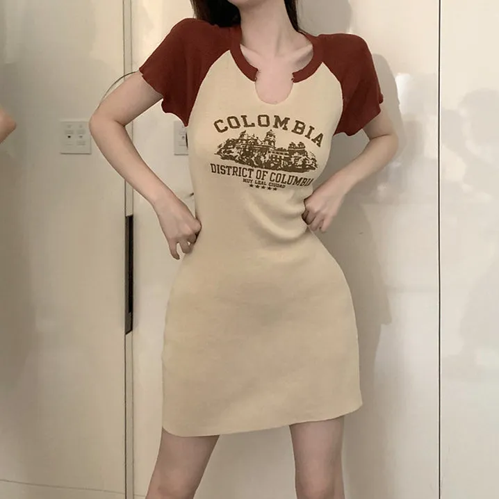 V-Neck Short-Sleeved Color Block Slim Fit Dress