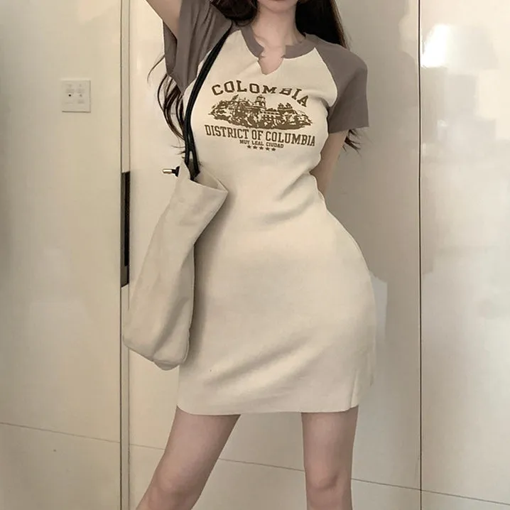 V-Neck Short-Sleeved Color Block Slim Fit Dress