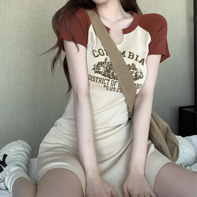 V-Neck Short-Sleeved Color Block Slim Fit Dress