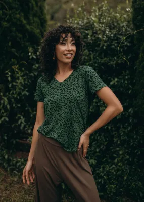 Veronica Bamboo V-Neck T-Shirt - Green Leopard
