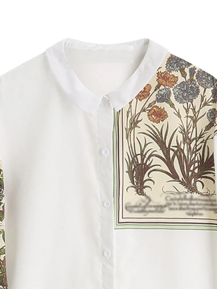 White Print Casual Blouse New Lapel Long Sleeve Loose Fit Shirt