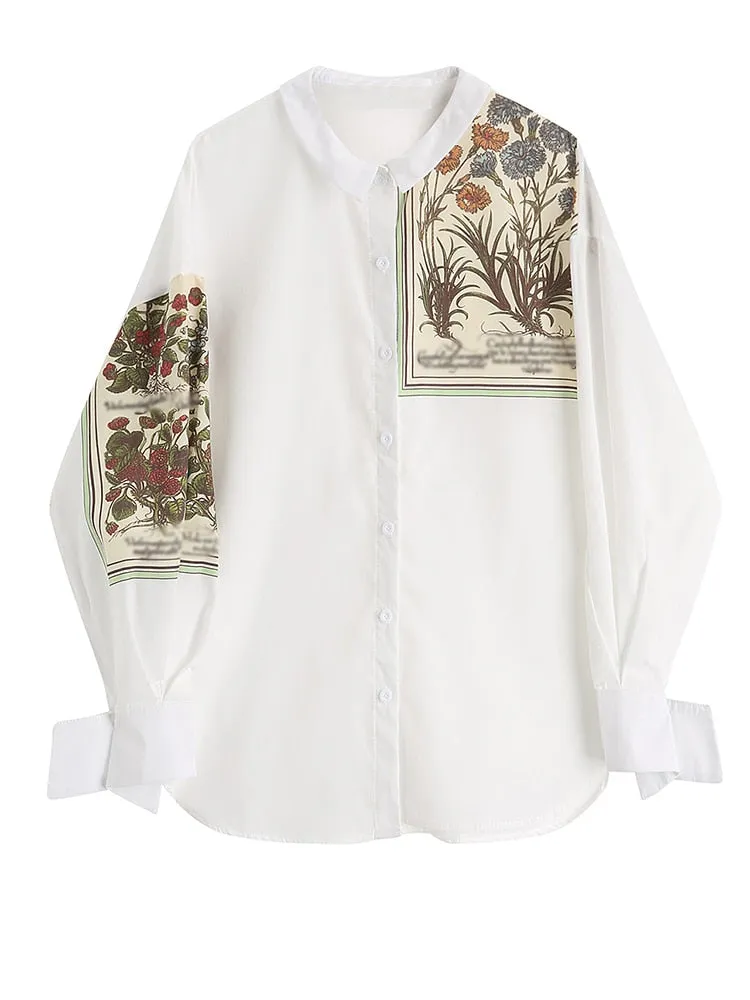 White Print Casual Blouse New Lapel Long Sleeve Loose Fit Shirt