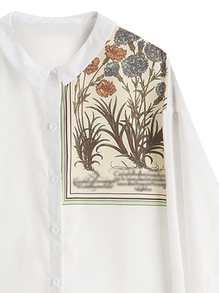 White Print Casual Blouse New Lapel Long Sleeve Loose Fit Shirt