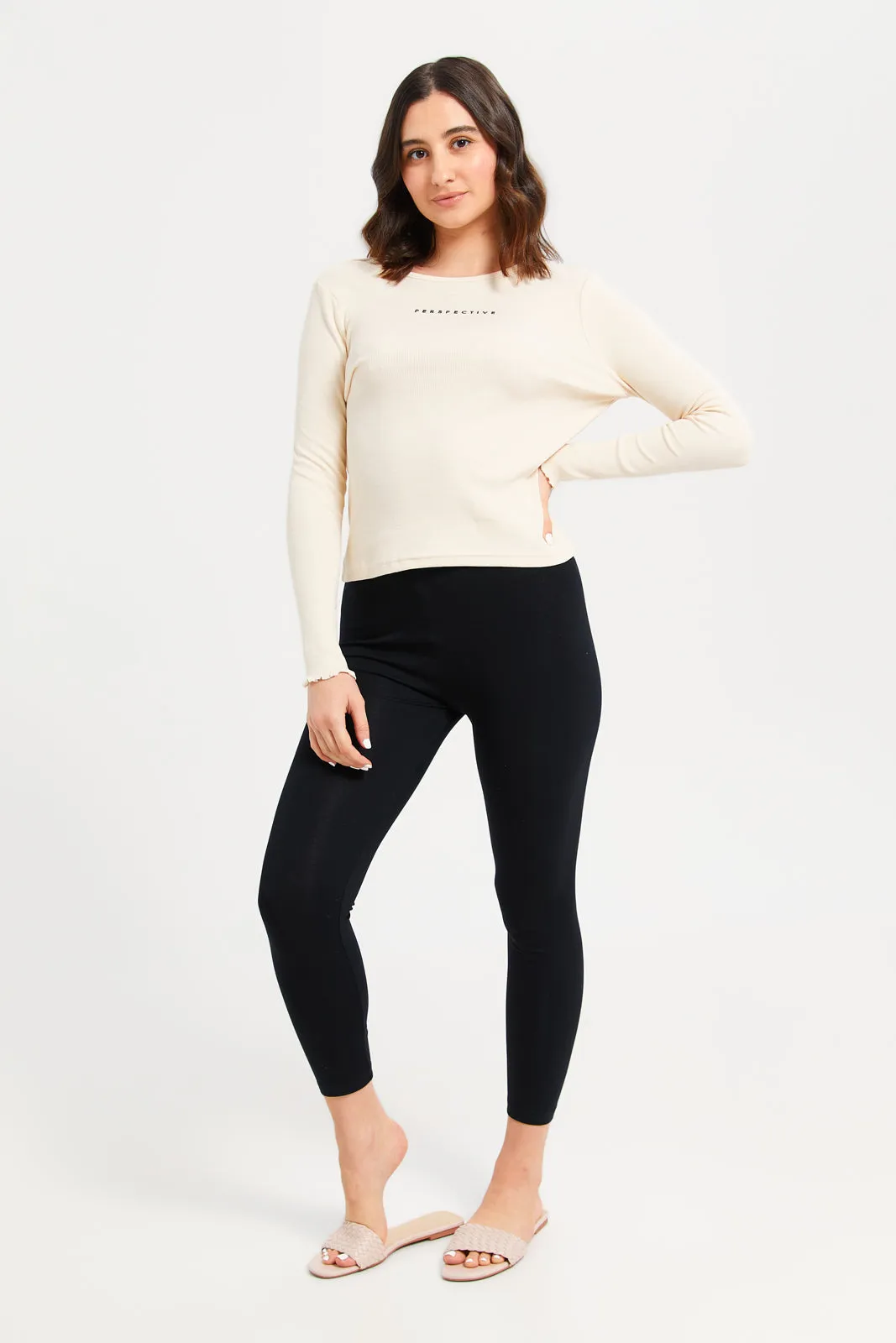 Women Beige Perspective Print T-Shirt