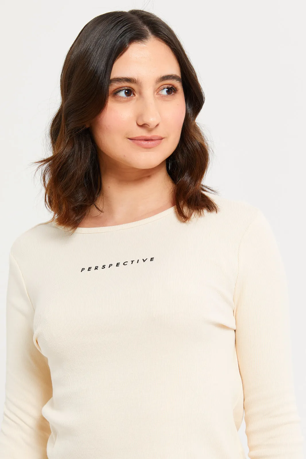 Women Beige Perspective Print T-Shirt