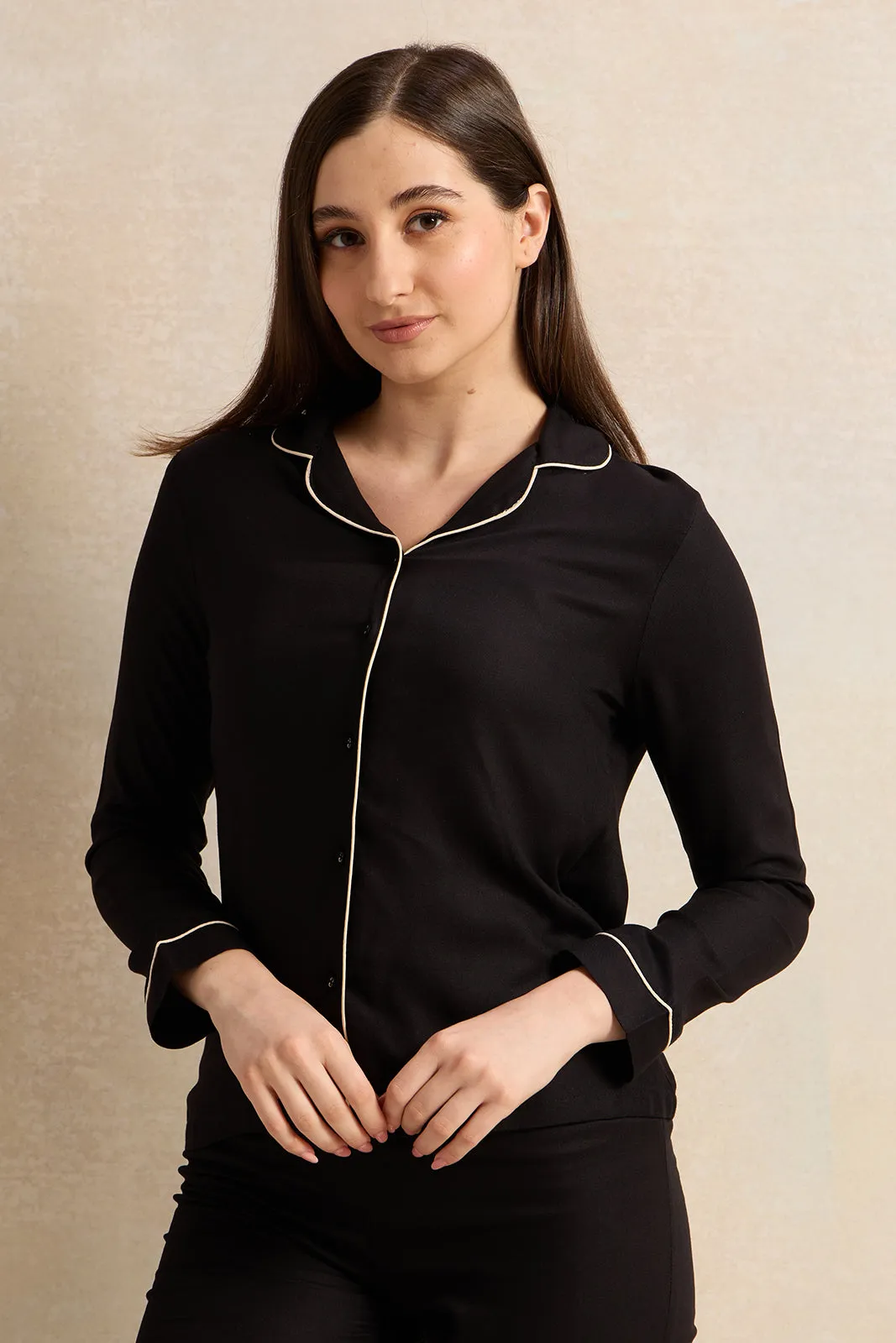 Women Black Collared Pyjama Set (2 Piece)