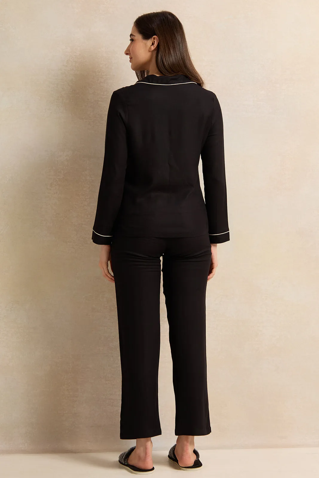 Women Black Collared Pyjama Set (2 Piece)
