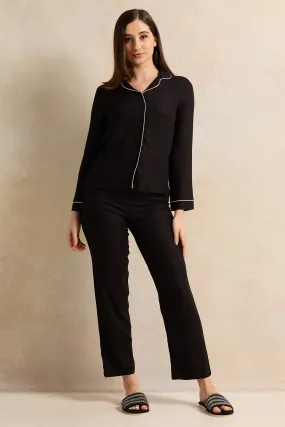 Women Black Collared Pyjama Set (2 Piece)