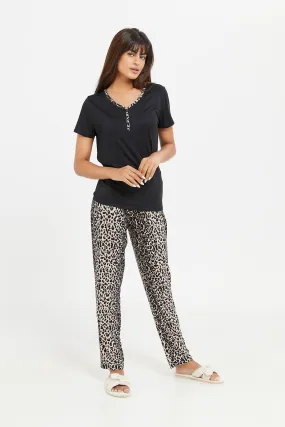 Women Black Printed Pajama Set (2 Piece)