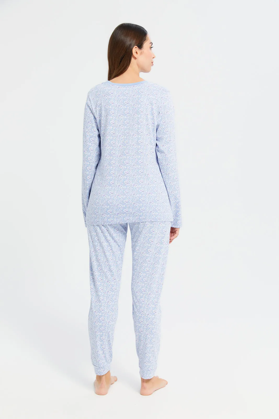 Women Blue Floral Print Pajama Set (2 Piece)