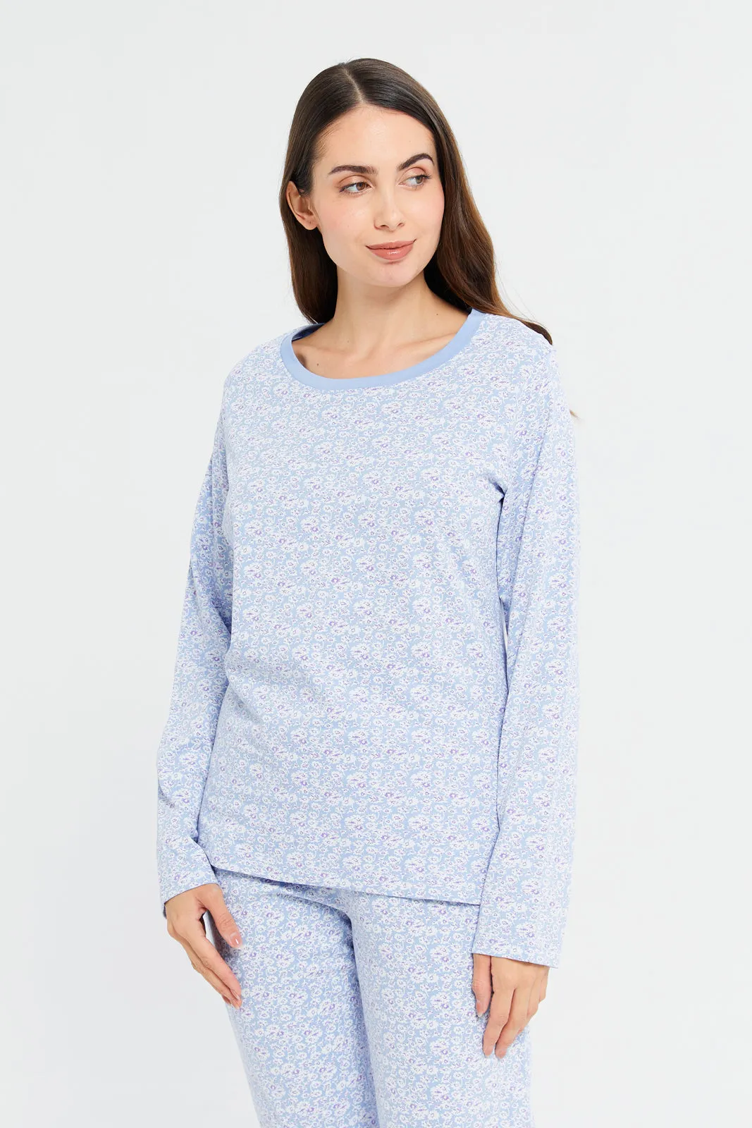 Women Blue Floral Print Pajama Set (2 Piece)