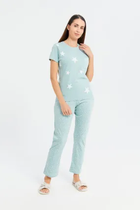 Women Blue Stars Print Payjma Set (2 Piece)