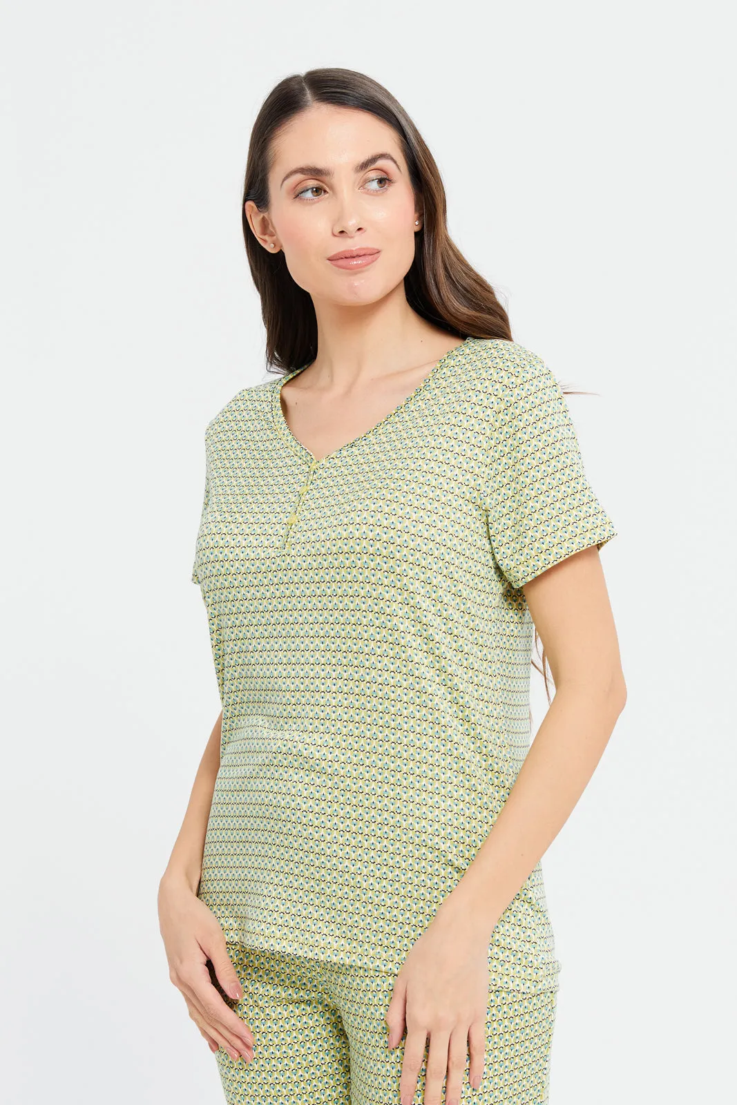 Women Green Print Pyjama Set (2 Piece)