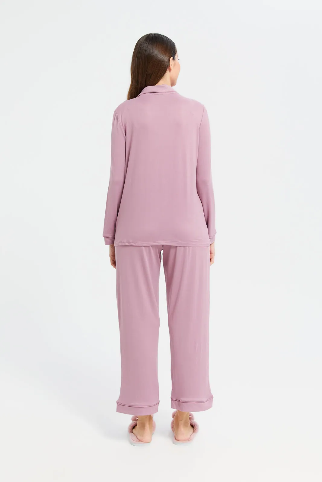Women Lilac Solid Classic Pajama Set (2 Piece)