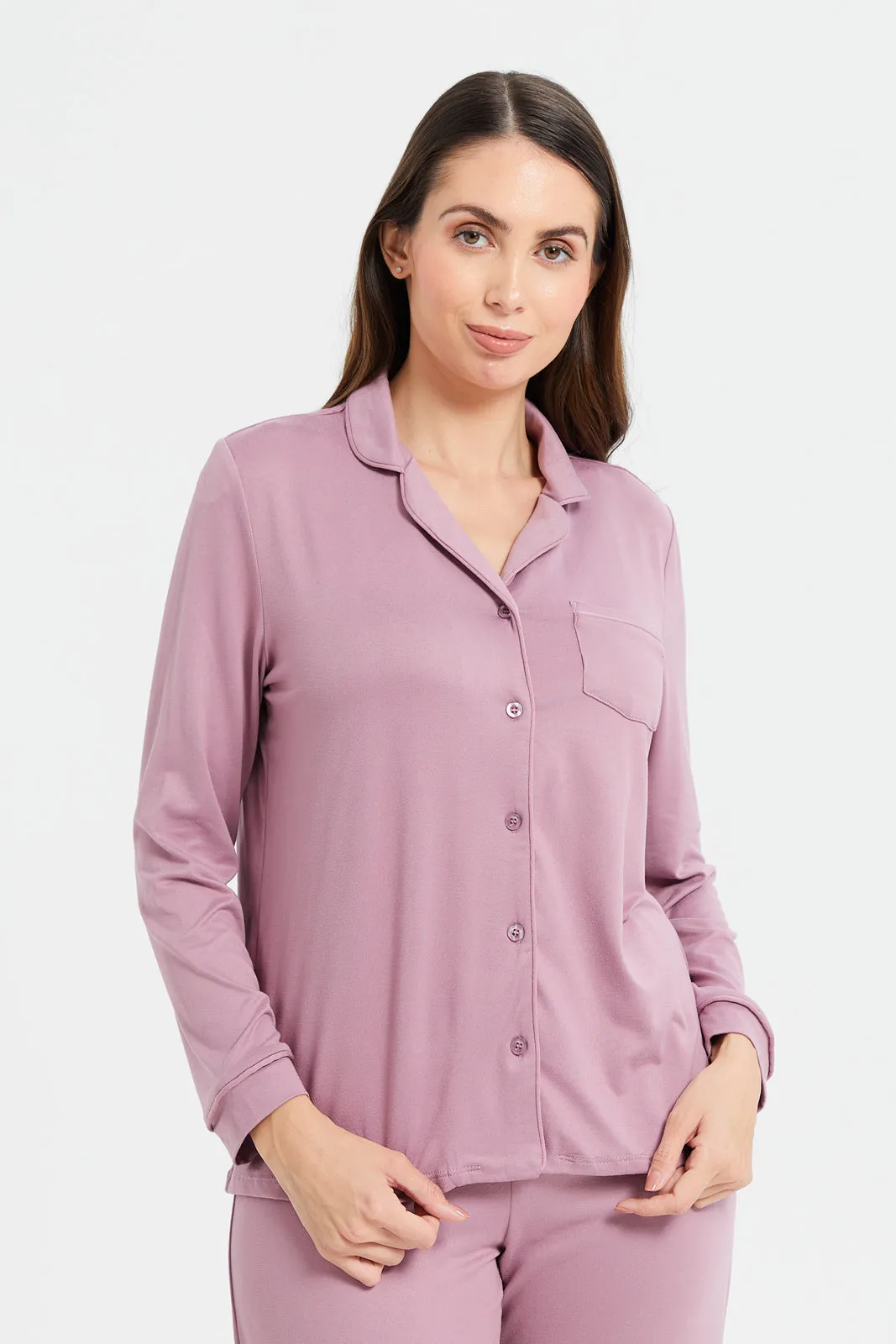 Women Lilac Solid Classic Pajama Set (2 Piece)
