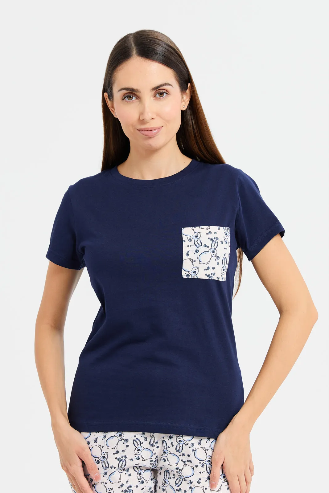 Women Navy Rabbit Print Pyjama Set (2 Piece)