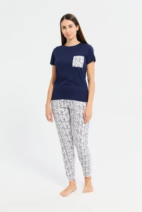 Women Navy Rabbit Print Pyjama Set (2 Piece)