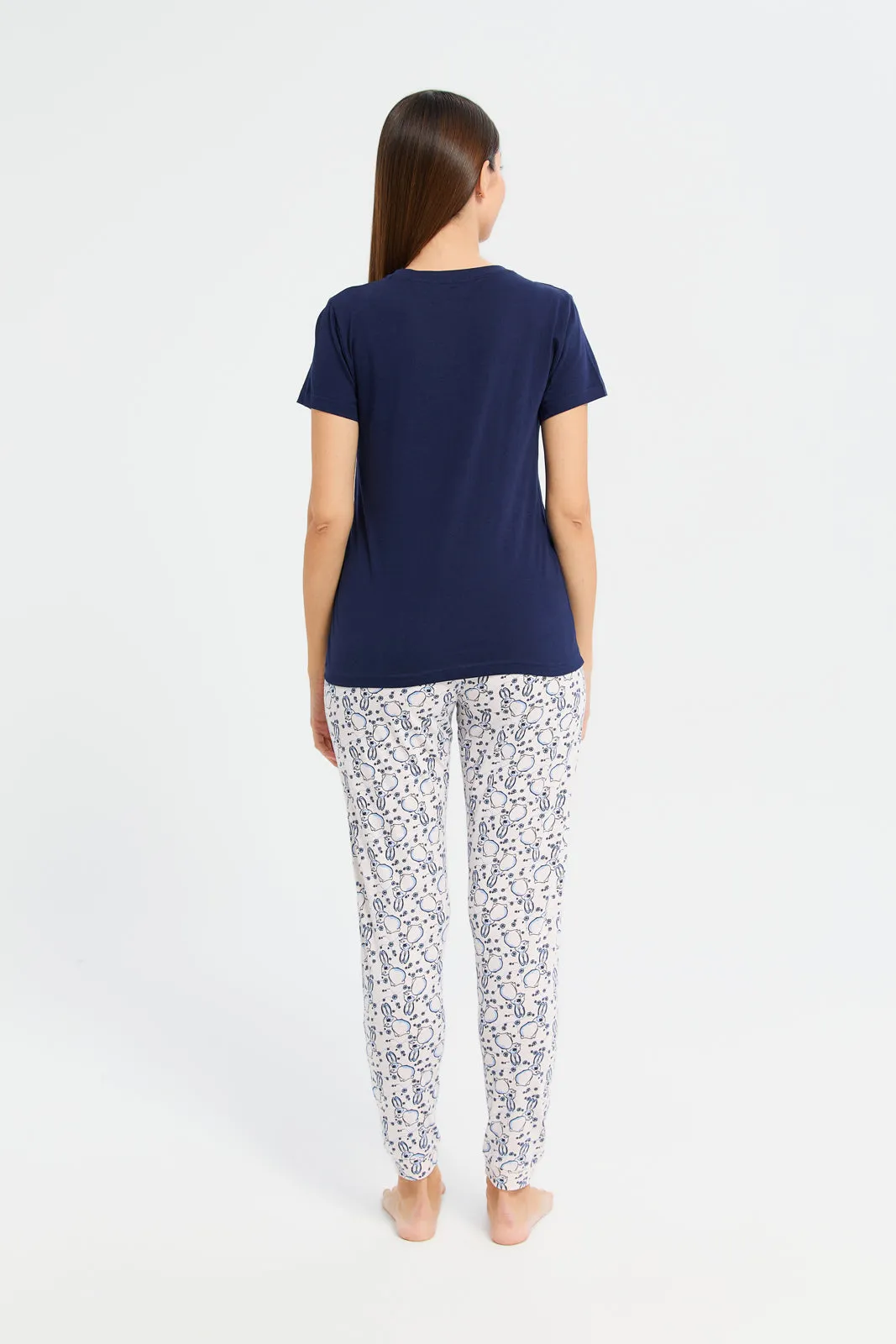 Women Navy Rabbit Print Pyjama Set (2 Piece)