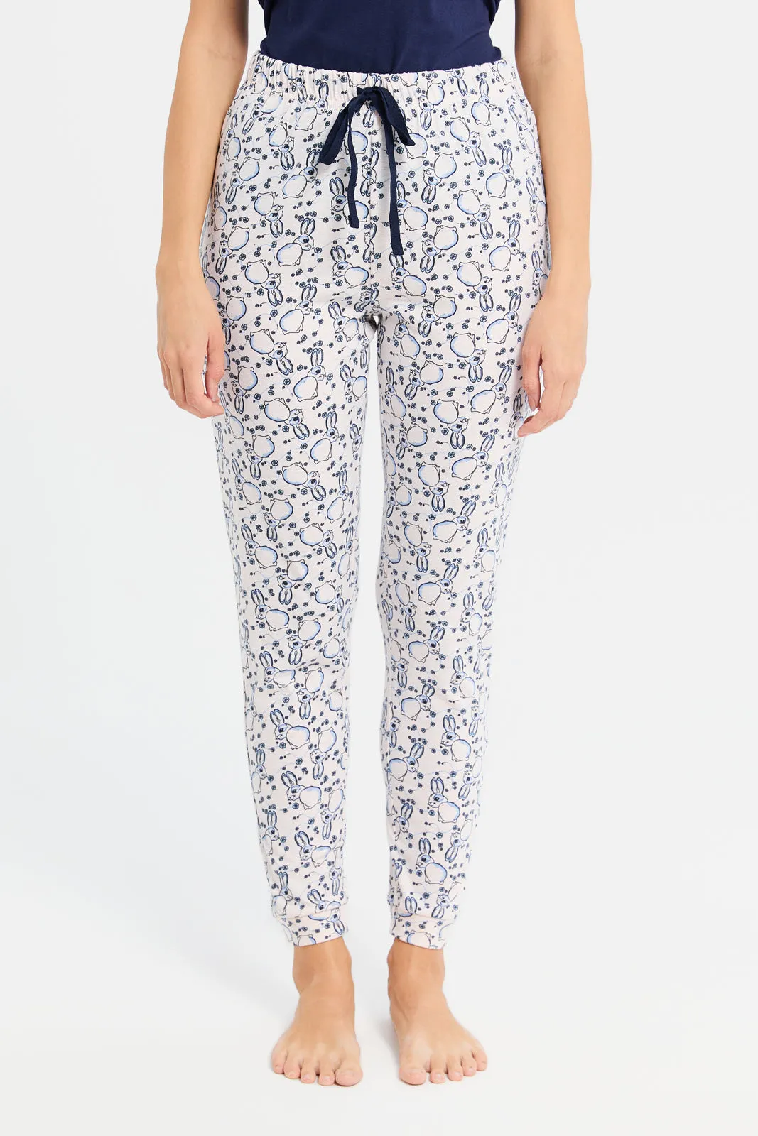 Women Navy Rabbit Print Pyjama Set (2 Piece)