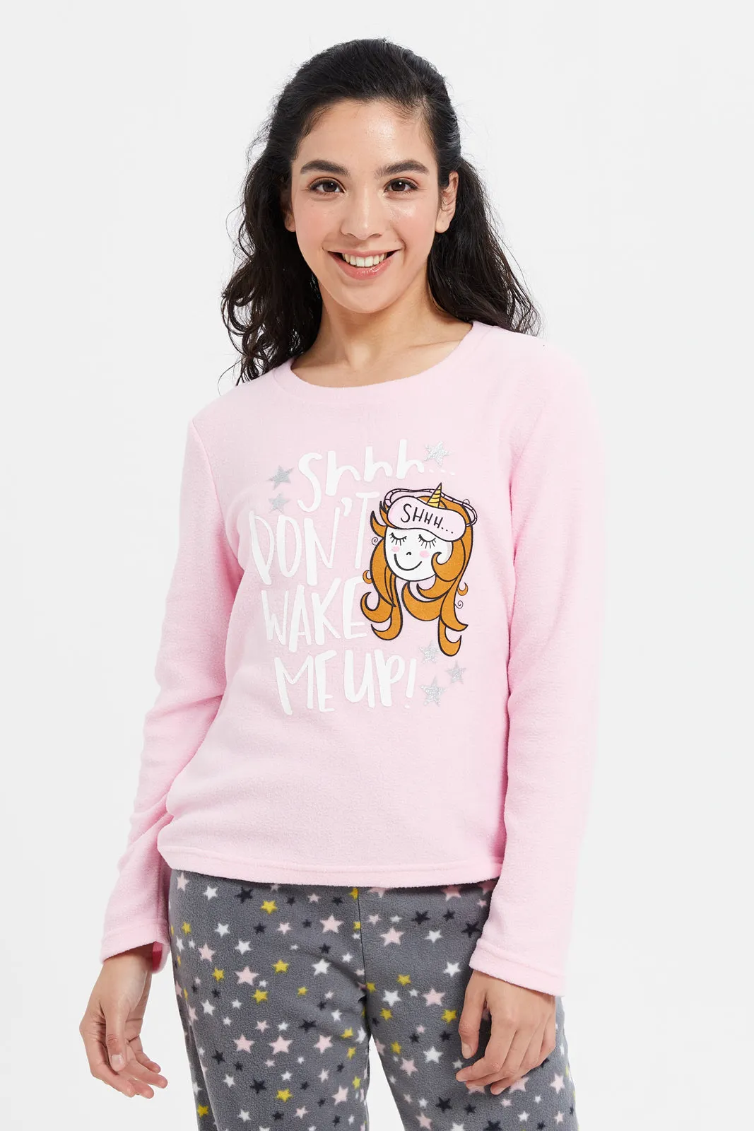 Women Pink And Charcoal Pajama Set (2 Piece)