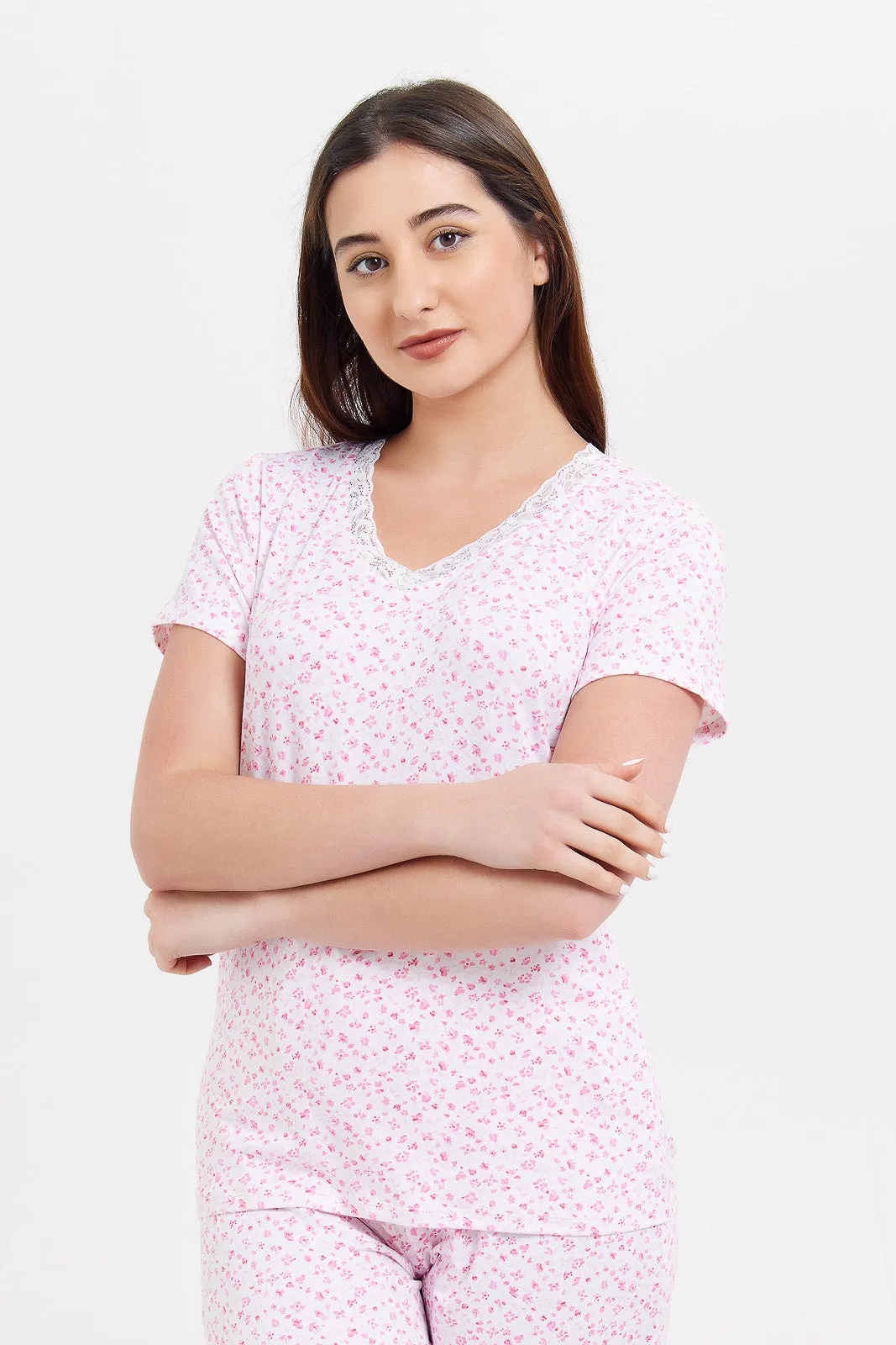 Women Pink Short Sleeves Printed Pyjama Set (2 Piece)